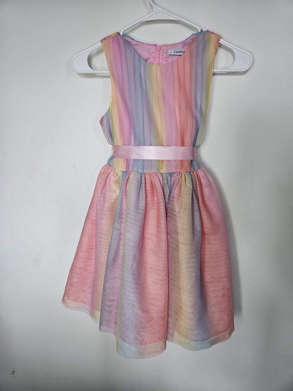 George Girls Pastel Rainbow Tulle Party Dress Pink Ribbon Belt Size 10 🌈👗🩷